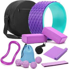Yoga Wheel 12 in 1 Set with Back Cracker Roller for Pain Relief & Deep Tissue Massage Yoga Blocks 2 Pack with Yoga Ring, Yoga Accessory for Stretching Equipment, Yoga Starter Kit for Beginner