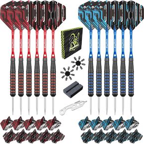 12 Pack Darts Metal Tip Set 20 Grams, Steel Tip Darts for Dartboard with Aluminum Shafts, Extra 50 Rubber O-Rings 16 Flights Flights Protector 1 Tool Kit Blue and Red