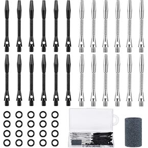 24 Pieces Aluminum Dart Shafts Shafts for Darts Steel Tip Soft Tip Dart Accessories 1.97 Inches Hard Metal Dart Stems with Rubber O Rings Darts Sharpener for Sports Outdoor Dart Flight (Black, Silver)