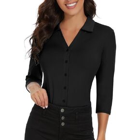 Soneven Womens 3/4 Sleeve Button Down Shirt V Neck Collared Polo Shirts Work Blouses