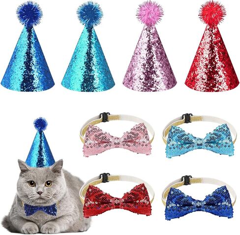 10 Pcs Cat Birthday Hat Dog Birthday Hats, Multi Color Mini Party Hats Set with 8 Pcs Hats and 2 Pcs Bowtie for Cat Dogs Kittens Rabbits in Saudi Arabia