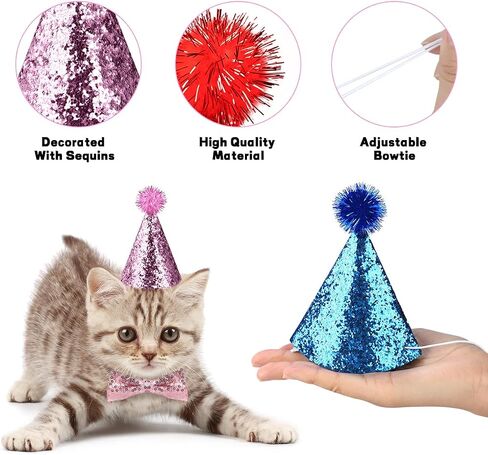 10 Pcs Cat Birthday Hat Dog Birthday Hats, Multi Color Mini Party Hats Set with 8 Pcs Hats and 2 Pcs Bowtie for Cat Dogs Kittens Rabbits in Saudi Arabia