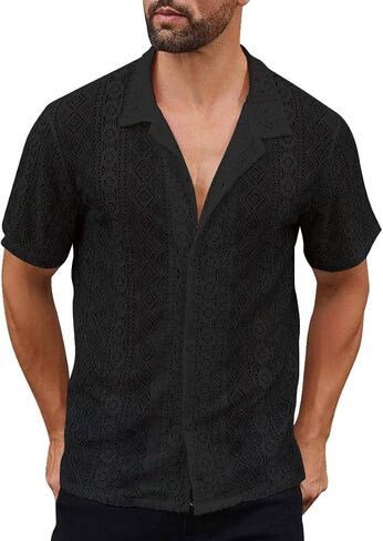 ABAFIP Men's Floral Lace Shirt Casual Short Sleeve Sheer Beach Shirt Cuban Hollow Mesh Tee Knit Rave Tops in Kuwait