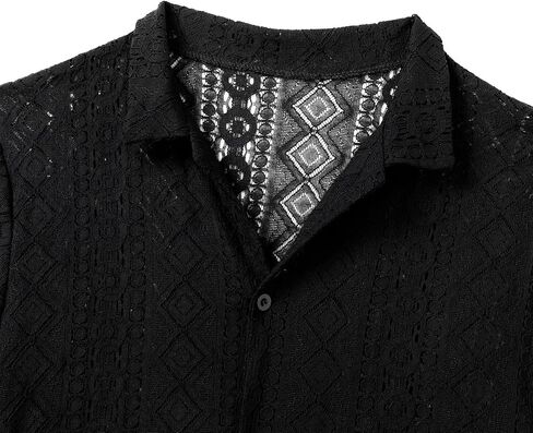ABAFIP Men's Floral Lace Shirt Casual Short Sleeve Sheer Beach Shirt Cuban Hollow Mesh Tee Knit Rave Tops in Kuwait