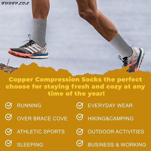 FOOTPLUS Hiking Copper Compression Socks,Unisex Cushioned Sole Arch Support Athletic Crew Running Socks in Kuwait