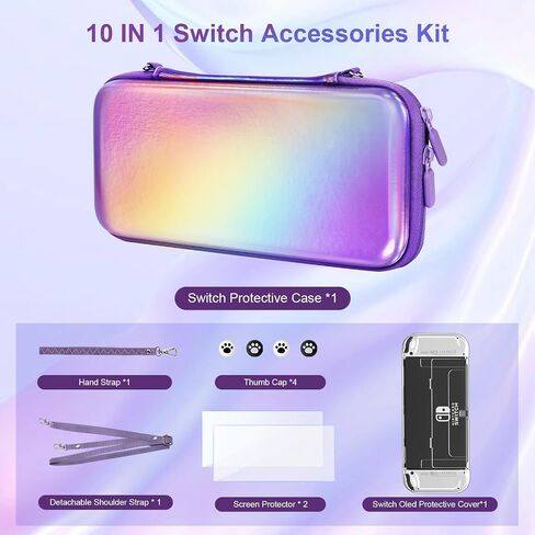 belle&birdie Switch Carrying Case fits Switch OLED - Hard Protective Travel Carry Case witch 10 Game Card Slot,Soft TPU Cover, Screen Protector,Adjustable Strap,Thumb Grip Caps (Black) in Saudi Arabia