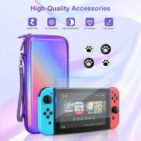 belle&birdie Switch Carrying Case fits Switch OLED - Hard Protective Travel Carry Case witch 10 Game Card Slot,Soft TPU Cover, Screen Protector,Adjustable Strap,Thumb Grip Caps (Black) in Saudi Arabia