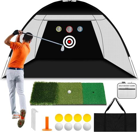 Golf Net: 10x7ft Golf Practice Net with Three-in-One Thickened Golf Hitting Mat，Multi Target All in One Indoor and Outdoor Golf Hitting Practice Net，Golf Gifts in Saudi Arabia