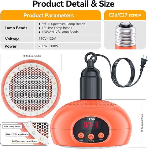 Chicken Coop Heater Lamps,200W-500W,Overheat Protection,E26/E27 Bulb Light, Reptile Heating Lamp 3-6-9-12 Hours Timer, Protable Greenhouse Heater for Outdoor Chicken Coop Indoor Rabbits Dog Cats in Saudi Arabia