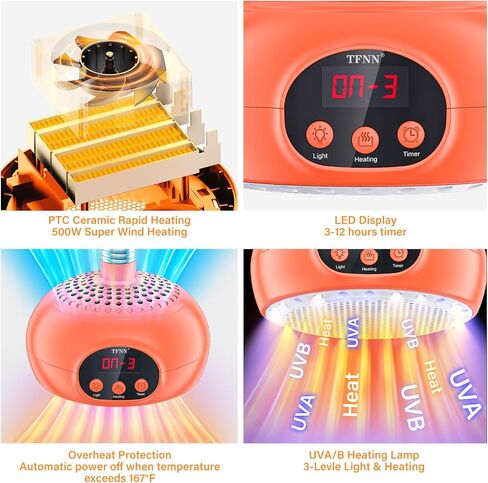 Chicken Coop Heater Lamps,200W-500W,Overheat Protection,E26/E27 Bulb Light, Reptile Heating Lamp 3-6-9-12 Hours Timer, Protable Greenhouse Heater for Outdoor Chicken Coop Indoor Rabbits Dog Cats in Saudi Arabia