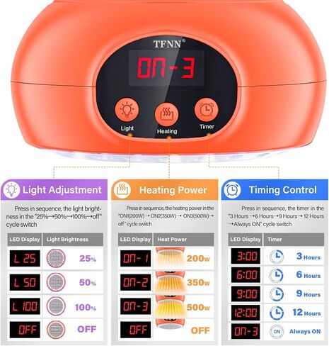 Chicken Coop Heater Lamps,200W-500W,Overheat Protection,E26/E27 Bulb Light, Reptile Heating Lamp 3-6-9-12 Hours Timer, Protable Greenhouse Heater for Outdoor Chicken Coop Indoor Rabbits Dog Cats in Saudi Arabia