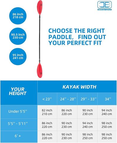OCEANBROAD Kayak Paddle 86in/218cm, 90.5in/230cm, 95in/241cm Alloy Shaft Kayaking Boating Canoeing Oar with Paddle Leash 1 Paddle in Saudi Arabia