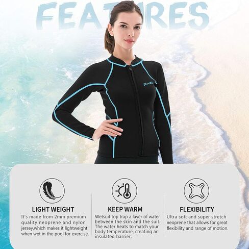 GoldFin Wetsuit Top Women, 2mm Wetsuits Jacket Long Sleeve Neoprene Tops for Water Aerobics Diving Surfing Swimming in Kuwait