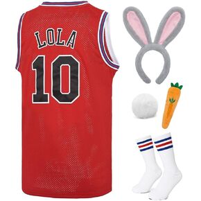 جيرسي كرة سلة للشباب للأطفال Lola #10 / Bugs #1 قمصان أفلام الفضاء للهالوين 90s قميص رياضي أبيض/أحمر XS-XL