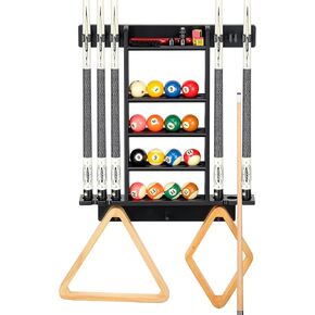 Billiards Pool Cue Rack, Pool Stick Holder Wall Mount Holds 6 Cues and Pool Table Chalk Equipment Accessories, Oak Solid Wooden Billiard Cue Rack for Game Room Club or Men Cave（Black Color）