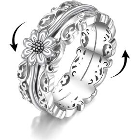 Filigree Sunflower Fidget Rings for Anxiety 925 Sterling Silver Sunflower Cross Moonstone Moss Agate Spinner Rings for Women Anti Stress Mood Rings Gifts Band Wide