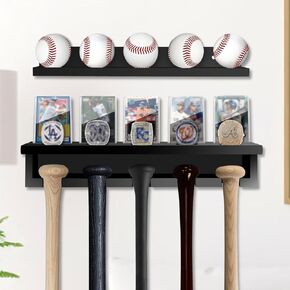 Baseball Bat Rack Holder for 5 Bats + 5 Balls - Wooden Baseball Bat Wall Mount, Sport Equipment Storage Organizer, Bat Holder Wall Mount Display, Baseball Bat Holder Black