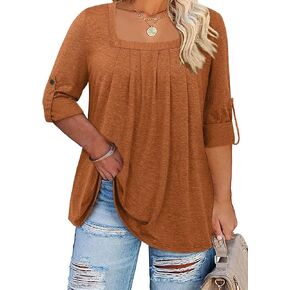 Kancystore Women's Plus Size Tops Square Neck Roll Up Long Sleeve Fall Shirts Pleated Tunic Blouses Burgundy 4X