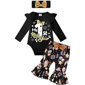 My First New Years Baby Girl Outfit Ruffle Long Sleeve Top Party Gift Pattern Pants Headband 3 Piece Set