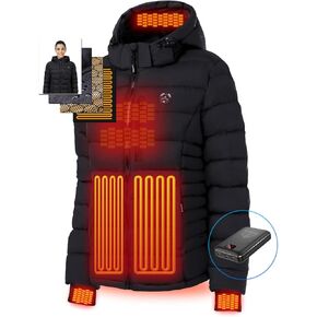 Women's Heated Puffer Jacket With 12V Battery Pack-Insulated Water-Resistant Hooded Hand-Heating Electric Heated Jacket