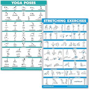 QUICKFIT Yoga Poses and Stretching Exercise Poster Set - Laminated 2 Chart Set - Yoga Positions & Stretching Workouts (18" x 24")