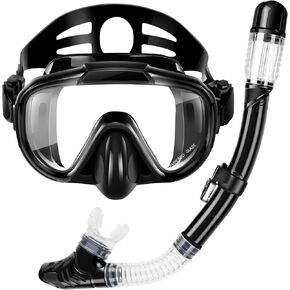 Snorkel Set, Dry Top Snorkeling Gear for Adults, Panoramic Anti-Leak and Anti-Fog Tempered Glass Lens, Adults Adjustable Snorkeling Set, Scuba Diving Swimming Training Snorkel Kit