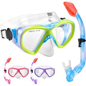 Kids Snorkel Set Dry Top Snorkeling Gear for Kids Youth Boys Girls Junior Age 5-15,Tempered Glass Swimming Diving Mask and Snorkel Set 180 Degree Panoramic View