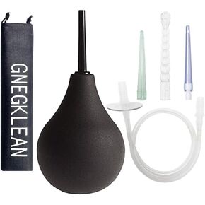 Black Silicone Enema Bulb Kit 7.6oz Clean Anal Douche for Men Women with 19.7in Hose+4 Replaceable Nozzle (Black)