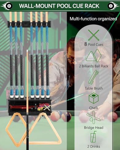 Wall Mount Pool Stick Holder - Billiards Pool Cue Rack Hardwood Pool Cue Set Holder for 6 Cues Sticks Storage Pool Table Accessories Equipment Organizer in Saudi Arabia