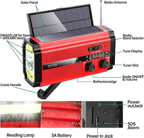 Emergency Hand Crank Weather Radio, 20000mAh / 74000mWh AM/FM/NOAA Solar Powered Radio with Phone Charger, LED Flashlight Reading Lamp Headphone Jack, SOS Alarm, Compass for Emergency Hurricane in Saudi Arabia