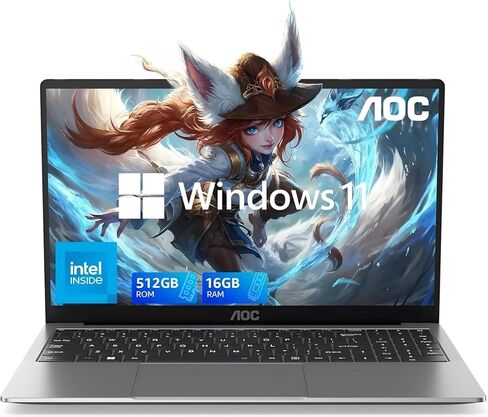 AOC أحدث كمبيوتر محمول مقاس 15.6 بوصة للمنزل أو العمل، معالج Intel رباعي النواة (يصل إلى 3.6 جيجا هرتز)، ذاكرة الوصول العشوائي 16 جيجا، 512 جيجا SSD، كمبيوتر محمول يعمل بنظام Windows 11، شاشة FHD، كاميرا ويب، خفيف ورقيق، هيكل معدني، HDMI، نوع C، USB3 .2 in Kuwait