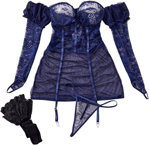 WDIRARA Women's 3 Piece Classic Sexy Lingerie Sets One Shoulder Long Sleeve Lace Mesh Sexy Lingerie Set in Saudi Arabia