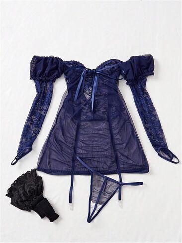 WDIRARA Women's 3 Piece Classic Sexy Lingerie Sets One Shoulder Long Sleeve Lace Mesh Sexy Lingerie Set in Saudi Arabia