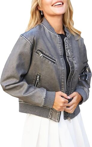 LY VAREY LIN Womens Faux Leather Varsity Jacket Biker Baseball Streetwear Casual Coat in Kuwait