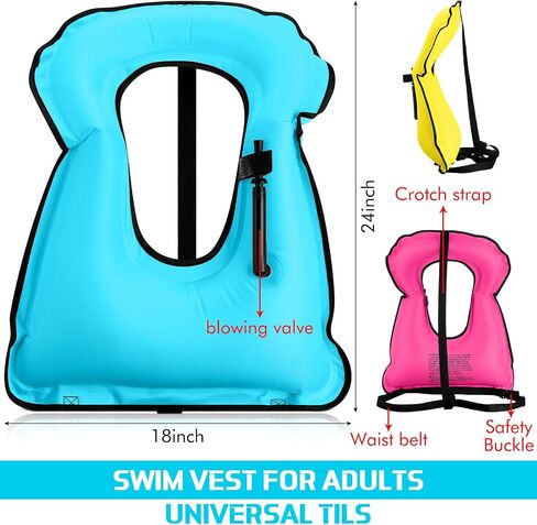 Jerify 4 Pcs Inflatable Snorkel Vest Adults, Portable Swim Vest Jackets, Adjustable Kayaking Jackets Safety Vests for Snorkeling Swimming Diving Surfing (Yellow, Rose Red, Black, Blue) in Kuwait