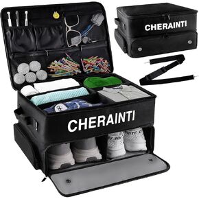 CHERAINTI Golf Trunk Organizer, 2 Layer Golf Organizer for Car, Waterproof Golf Shoe Storage Bag with Separate Ventilated Compartment, Golf Accessories Gift for Men Women