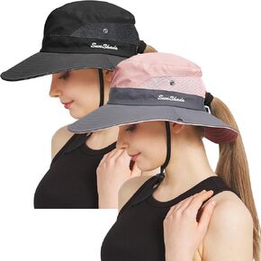 NPQQUAN 2 Packs Ponytail Sun Bucket Hat for Women Men Wide Brim UPF 50+ Fishing & Beach Hats