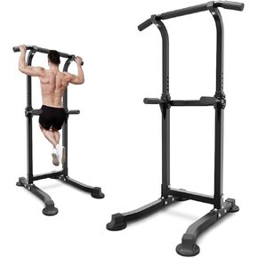 ZENOVA Pull Up Bar Dip Bar Power Tower Workout Dip Station Height Adjustable Free Standing Chin Up Bar for Men Women Teens 330LBS Weight Capacity (Black)