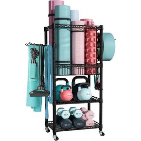 S1 Home Gym Storage, 3-Tier Workout Equipment Organizer with Wheels for Yoga Mats, Foam Roller, Dumbbells, Kettlebells, and Resistance Bands, 47.4" H x 27.5" L x 11.8" D, Black