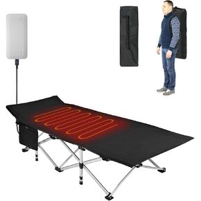 BESTHLS Heated Camping Cot for Adult 600D Oxford Portable Sturdy Sleeping Cot with Carry Bag, Portable Cots for for Home Office Nap Beach Travel Black