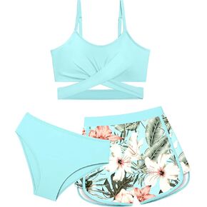 Girls Swimsuit 3 Piece Bathing Suit Criss Cross Bikini Set Girls' Swimwear with Shorts 7-16T