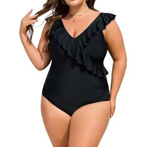 Eomenie One Piece Plus Size Tummy Control Swimsuit for Women Slimming Bathing Suits Ruffle V Neck Swim Suit Swimwear