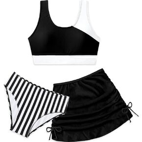 Girls Swimsuit 7-16Y Color Block Girls Bathing Suit 3 Piece Stripe Swimsuits for Teen Girls Bikinis with Cover Up
