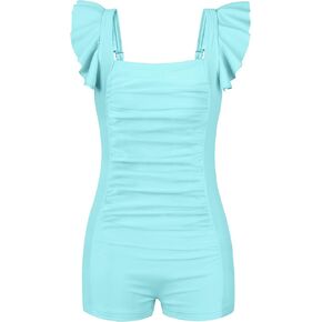 Girls Swimsuit Ruffle Girl One Piece Bathing Suit Solid Swimsuits Ruched Sleeveless Girls' Swimwear for 7-14 Years