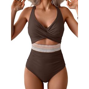 B2prity One Piece Swimsuit for Women Tummy Control V Neck Bathing Suit Color Block High Waisted Cutout Swimwear