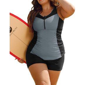 Hanna Nikole Women's Rash Guard 2 Piece Swimsuits Athletic Color Block Tankini Front Zip Plus Size Bathing Suit with Shorts