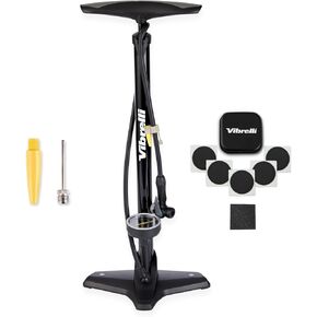 Vibrelli Vibrelli Bike Floor Pump with Gauge - High Pressure 160 PSI - Presta Valve Bike Pump Automatically Switches to Schrader - Bicycle Pump Comes with Glueless Puncture Kit