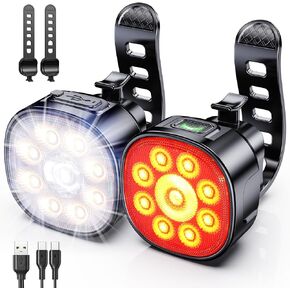 Bike Lights [8+7 Modes], USB Rechargeable Bike Lights Front and Back, Ultra Bright with Spotlight & Floodlight, IP65 Waterproof Bicycle Lights for Road Mountain Day/Night Cycling Safety