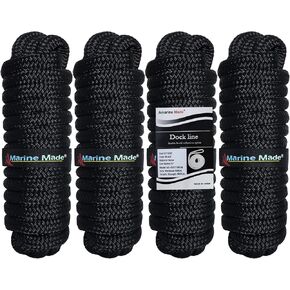Amarine Made 1/2" X 25’ Dock Lines, 4pcs Boat Dock Lines,12" Eyelet Double-Braided Boat Lines with Loop Docking 968lbs Working Load, Boat Dock Ropes with 4840lbs Strength for Boat Black Rope