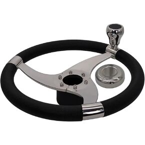 MARINE CITY Sports 3-Spoke Steering Wheel, 316 Grade Stainless Steel with Center Cap/Knob/PU Foam,13-1/2 Inches Diameter, Fits 3/4 Inches Tapered Shaft, for Marine, Boat, Yacht